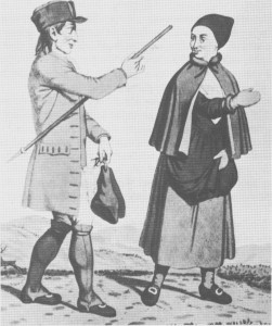 Mann og kone fra Tydal i stask lær men neppe helt vanlig <folkedrakt». Etter tegning av J. F. L. Dreier (17751833).